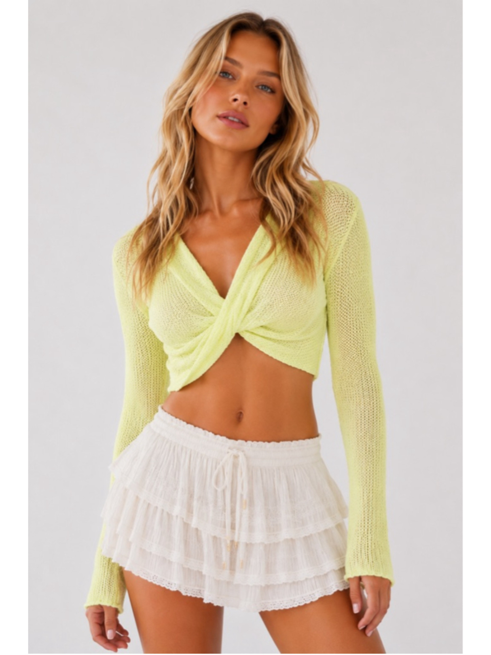 Urban Outfitters Neon Lime Cropped Top Knit Drape Front Sweater Festival Boho S